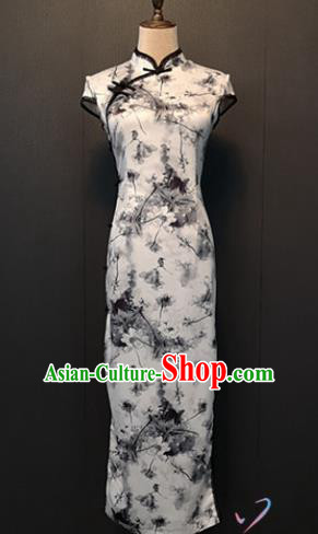 Custom Ink Painting White Silk Cheongsam Republic of China Women Clothing Shanghai Classical Qipao Dress