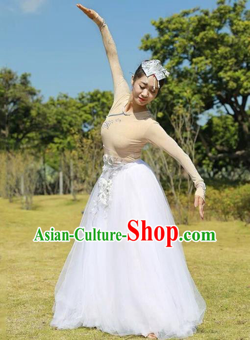 Custom China Mongolian Ethnic Clothing Traditional Minority Dance Costumes Mongol Nationality White Dress and Headpiece