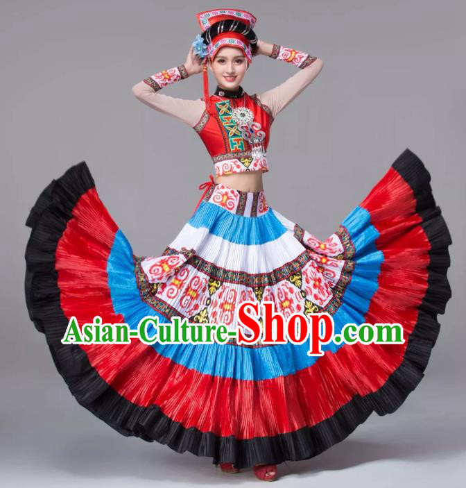 Custom China Yi Ethnic Clothing Traditional Minority Bride Costumes Yi Nationality Torch Festival Blouse and Skirt and Headdress