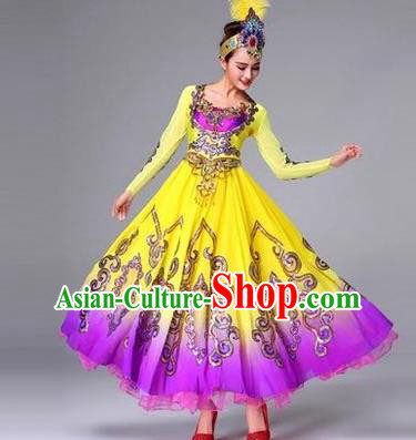 Custom China Uyghur Ethnic Clothing Traditional Minority Dance Costumes Xijiang Nationality Yellow Dress and Headdress