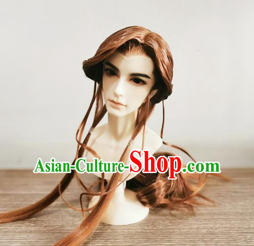 China Cosplay Swordsman Wigs Ancient Noble Childe Brown Wig Sheath Hair Accessories