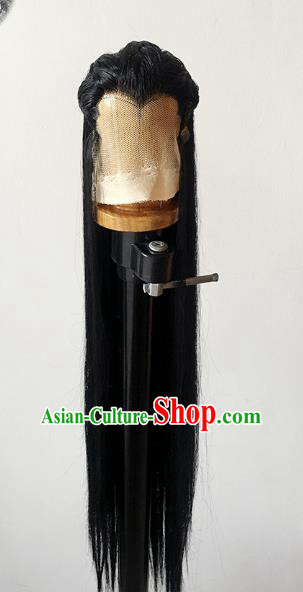 Handmade China Cosplay Ancient Knight Widow Peak Wigs BJD Swordsman Black Wig Sheath