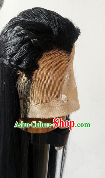 Handmade China Cosplay Ancient Knight Widow Peak Wigs BJD Swordsman Black Wig Sheath