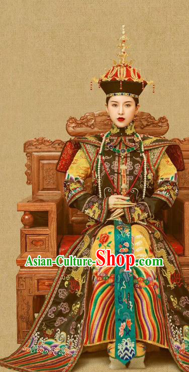 Chinese Ancient Manchu Queen Ruyi Embroidered Dress Traditional Qing Dynasty Court Empress Costumes and Phoenix Hat