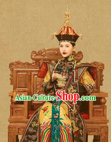 Chinese Ancient Manchu Queen Ruyi Embroidered Dress Traditional Qing Dynasty Court Empress Costumes and Phoenix Hat