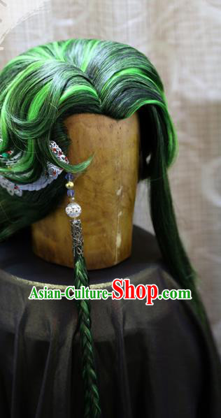 Cosplay Swordsman Green Wig Sheath Handmade China Ancient Chivalrous Male Wigs Style and Headpieces