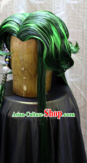Cosplay Swordsman Green Wig Sheath Handmade China Ancient Chivalrous Male Wigs Style and Headpieces
