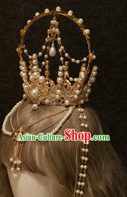 Halloween Cosplay Goddess Pearls Royal Crown Handmade Tassel Hair Accessories