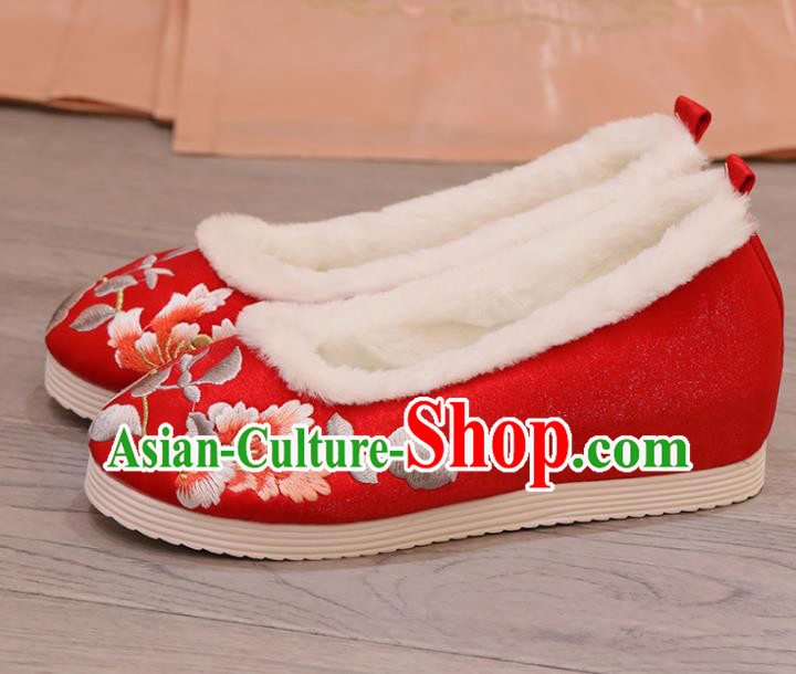 China Opera Shoes Winter Shoes Princess Shoes Embroidered Hibiscus Red Shoes Handmade Cloth Shoes