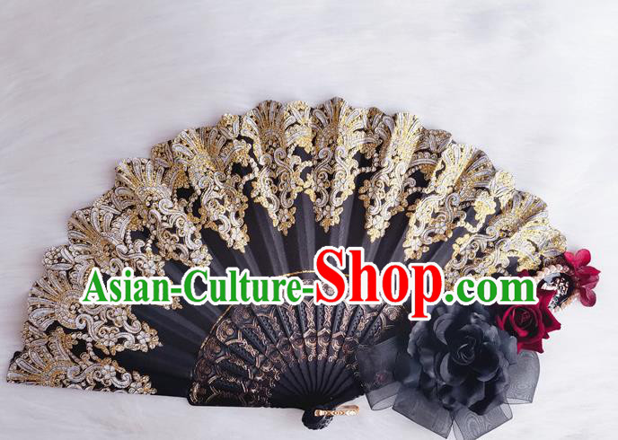 Classical Gothic Black Fan Handmade Retro Court Rose Folding Fans Lace Accordion