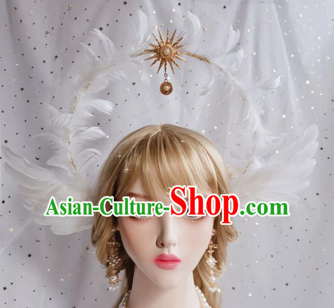 Handmade White Feather Hair Clasp Halloween Stage Show Hair Accessories Cosplay Goddess Royal Crown