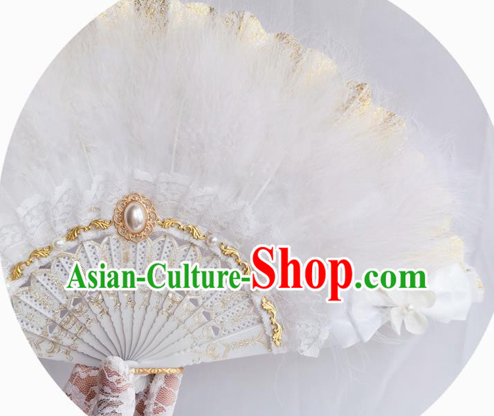 Classical Europe Court Fan Handmade Retro Folding Fans White Feather Accordion