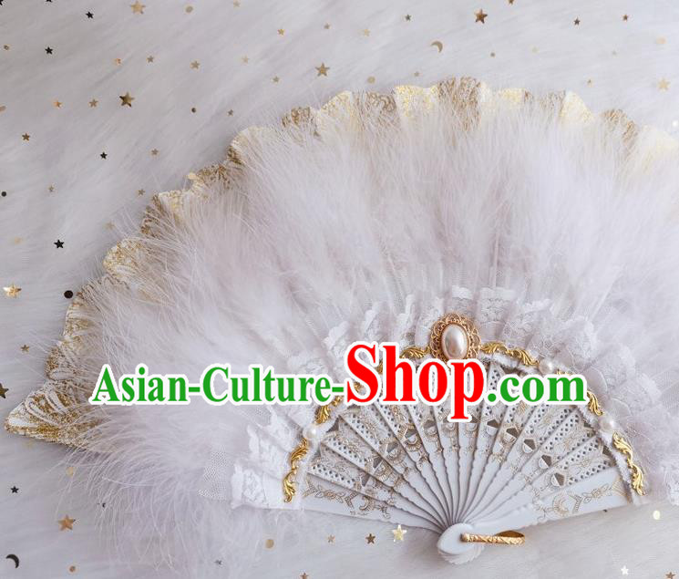 Classical Europe Court Fan Handmade Retro Folding Fans White Feather Accordion