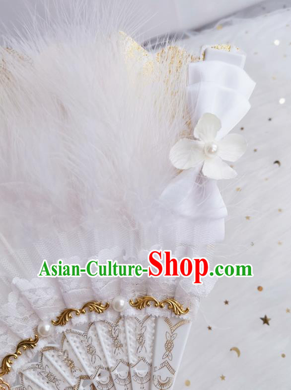 Classical Europe Court Fan Handmade Retro Folding Fans White Feather Accordion