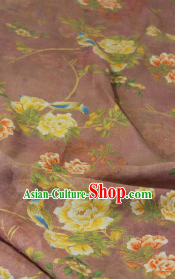 Chinese Traditional Printing Peony Birds Pattern Rust Red Flax Fabric Linen Drapery Asian Qipao Dress Cloth