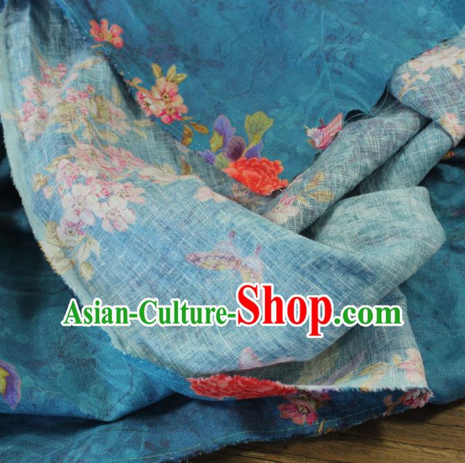 Asian Flax Fabric Qipao Dress Cloth Chinese Traditional Printing Begonia Pattern Blue Linen Drapery