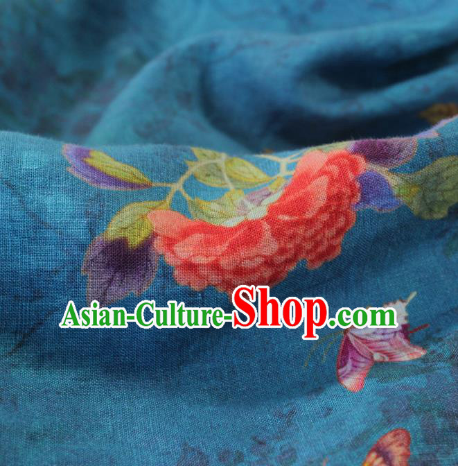Asian Flax Fabric Qipao Dress Cloth Chinese Traditional Printing Begonia Pattern Blue Linen Drapery