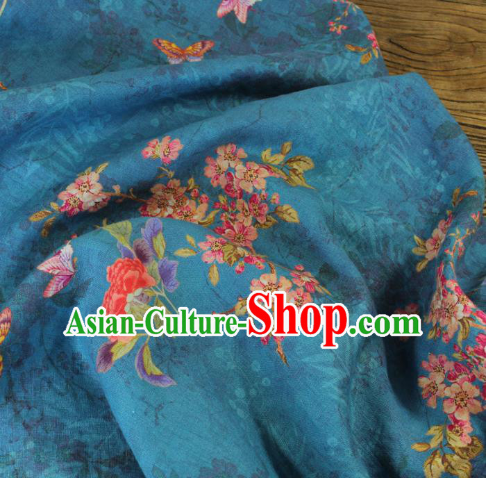 Asian Flax Fabric Qipao Dress Cloth Chinese Traditional Printing Begonia Pattern Blue Linen Drapery