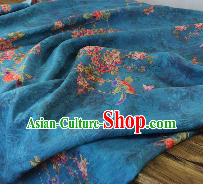 Asian Flax Fabric Qipao Dress Cloth Chinese Traditional Printing Begonia Pattern Blue Linen Drapery