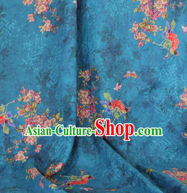 Asian Flax Fabric Qipao Dress Cloth Chinese Traditional Printing Begonia Pattern Blue Linen Drapery