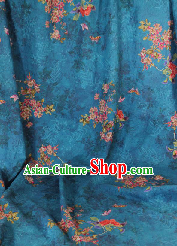 Asian Flax Fabric Qipao Dress Cloth Chinese Traditional Printing Begonia Pattern Blue Linen Drapery