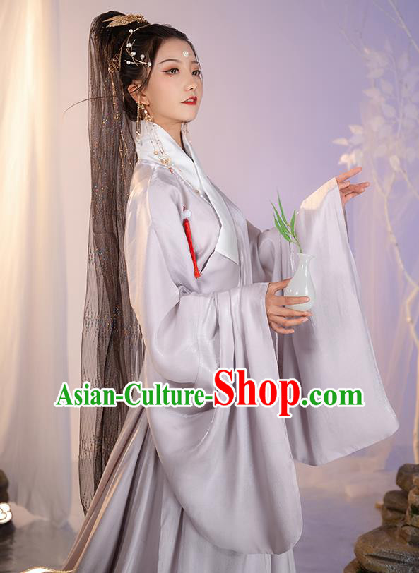 China Ming Dynasty Taoist Nun Apparels Ancient Hanfu Grey Robe Frock Costume for Women