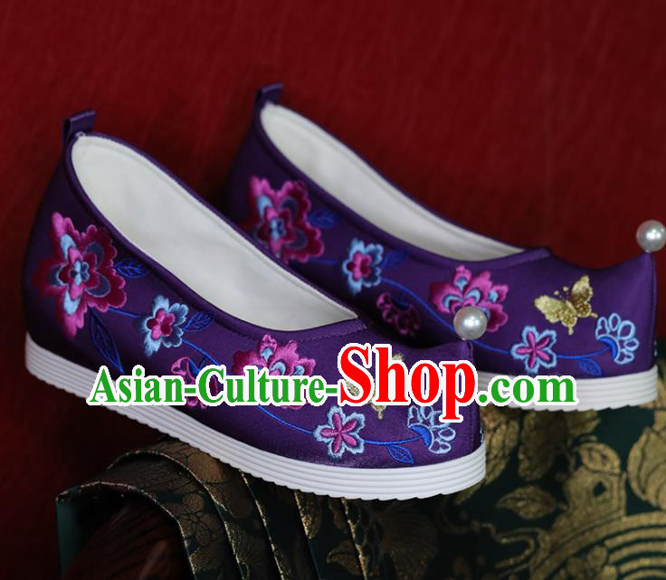 China Embroidered Shoes Tang Dynasty Princess Shoes Handmade Wedding Shoes Purple Cloth Hanfu Shoes