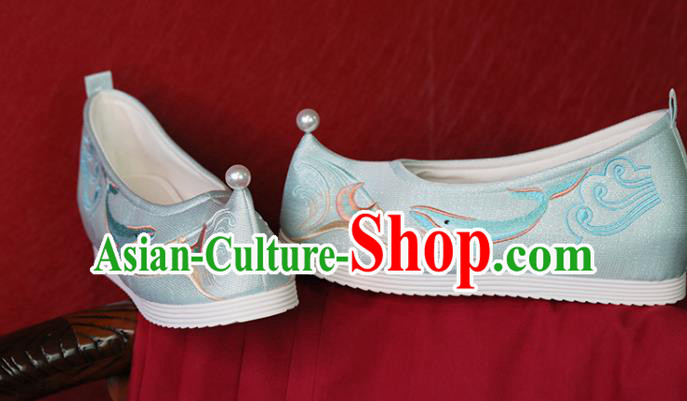 China Light Blue Cloth Shoes Hanfu Shoes Embroidered Whale Shoes Princess Shoes Handmade Bow Shoes