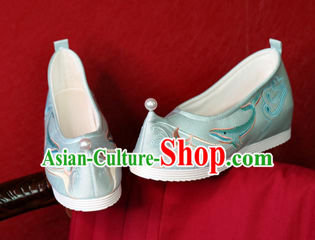 China Light Blue Cloth Shoes Hanfu Shoes Embroidered Whale Shoes Princess Shoes Handmade Bow Shoes