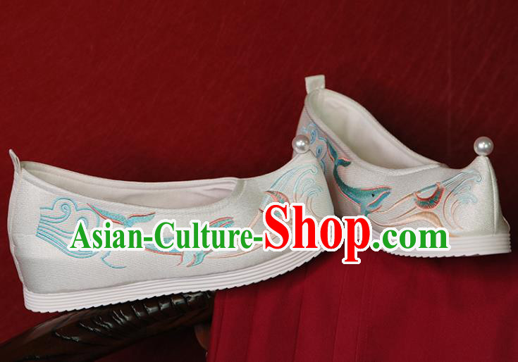 China Hanfu Shoes Embroidered Whale Shoes Princess Shoes Handmade Bow Shoes White Cloth Shoes