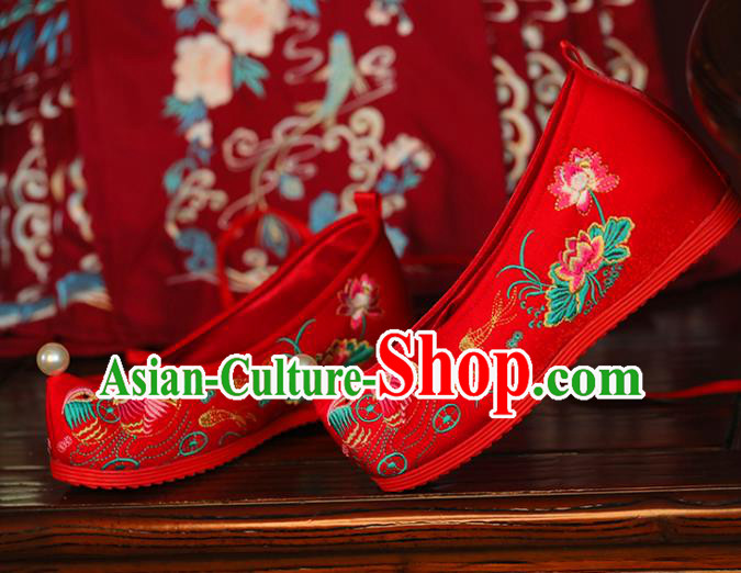 China Bride Shoes Princess Shoes Handmade Wedding Shoes Embroidered Mandarin Duck Shoes Hanfu Red Cloth Shoes