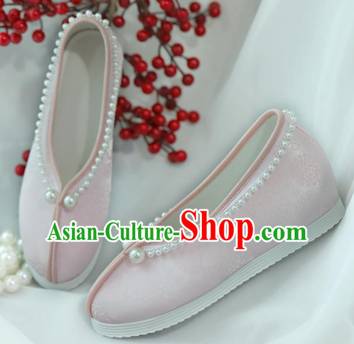 China Hanfu Pearls Shoes Princess Shoes Handmade Shoes Pink Satin Shoes Women Shoes