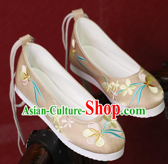 China Handmade Hanfu Shoes Princess Shoes Embroidered Shoes Women Shoes Beijing Golden Satin Shoes