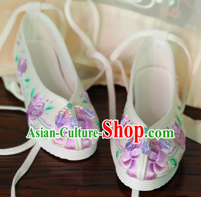 China Embroidered Purple Peony Shoes Hanfu Pearls Shoes Princess Shoes Handmade Beijing Cloth Shoes