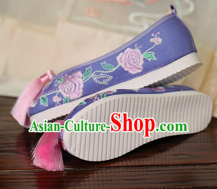 China Princess Shoes Handmade Beijing Cloth Shoes Embroidered Peony Purple Shoes Hanfu Pearls Shoes