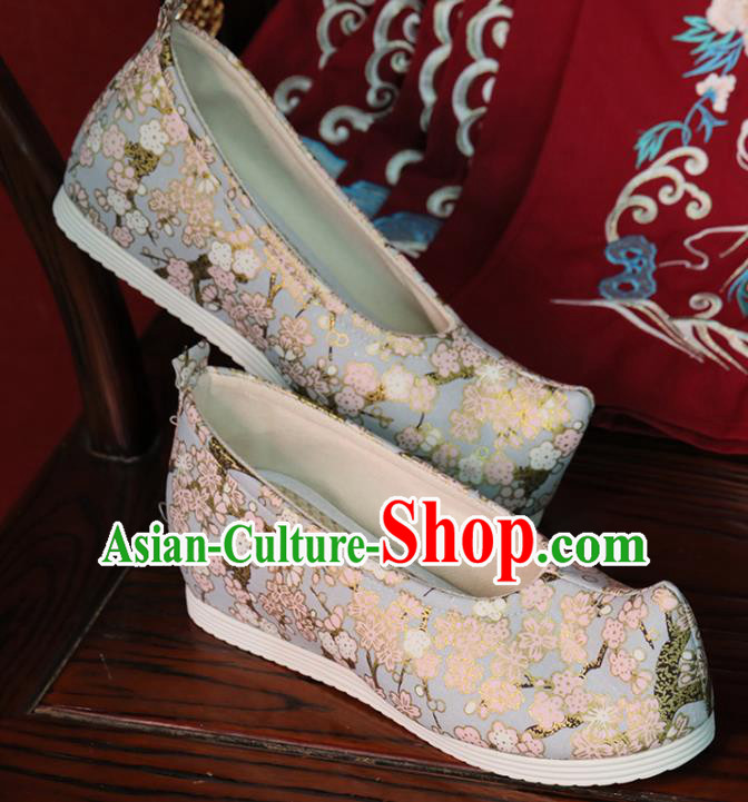 China Classical Plum Blossom Pattern Blue Brocade Shoes Hanfu Bow Shoes Princess Shoes Handmade Cloth Shoes