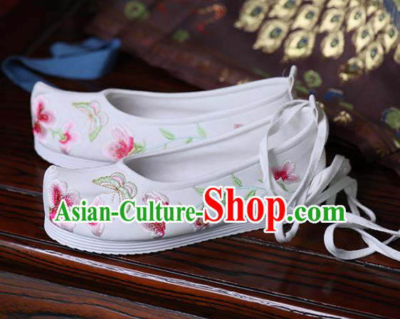 China White Cloth Shoes Handmade Bow Shoes Princess Shoes Hanfu Shoes Embroidered Butterfly Flowers Shoes