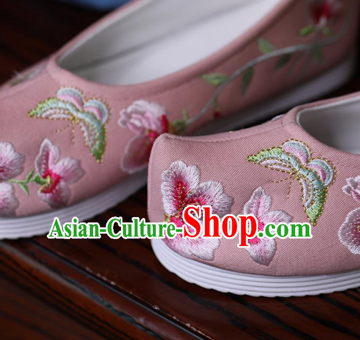 China Handmade Bow Shoes Princess Shoes Hanfu Shoes Embroidered Butterfly Flowers Shoes Pink Cloth Shoes