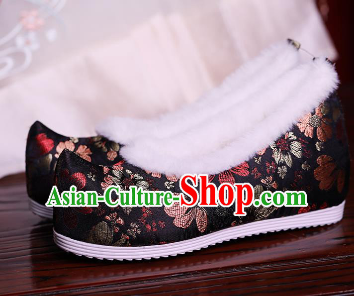 China Black Brocade Shoes Hanfu Shoes Ming Dynasty Princess Shoes Handmade Winter Shoes