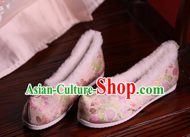 China Hanfu Shoes Ming Dynasty Princess Shoes Handmade Winter Shoes Beige Brocade Shoes