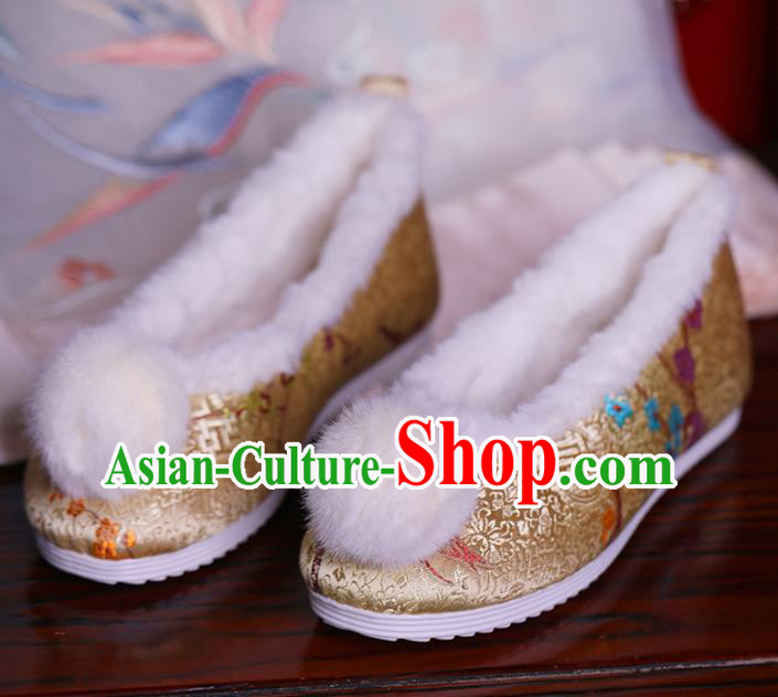China Ming Dynasty Princess Shoes Golden Brocade Shoes Hanfu Shoes Handmade Winter Shoes