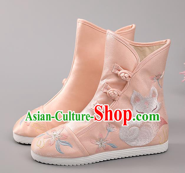 Chinese Ancient Hanfu Shoes Handmade Pink Cloth Boots National Embroidered Fox Boots