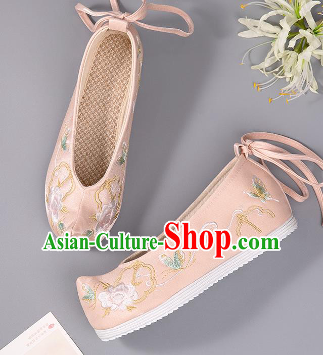 China Embroidered Peony Shoes Hanfu Shoes Ancient Princess Shoes Handmade Tang Dynasty Pink Shoes