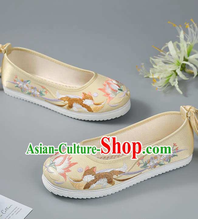 China Embroidered Flowers Shoes Ming Dynasty Princess Shoes Traditional Hanfu Shoes Yellow Cloth Shoes