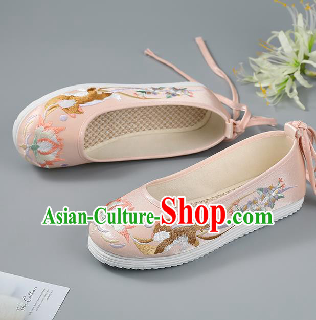 China Traditional Hanfu Shoes Ming Dynasty Princess Shoes Pink Cloth Shoes Embroidered Flowers Shoes