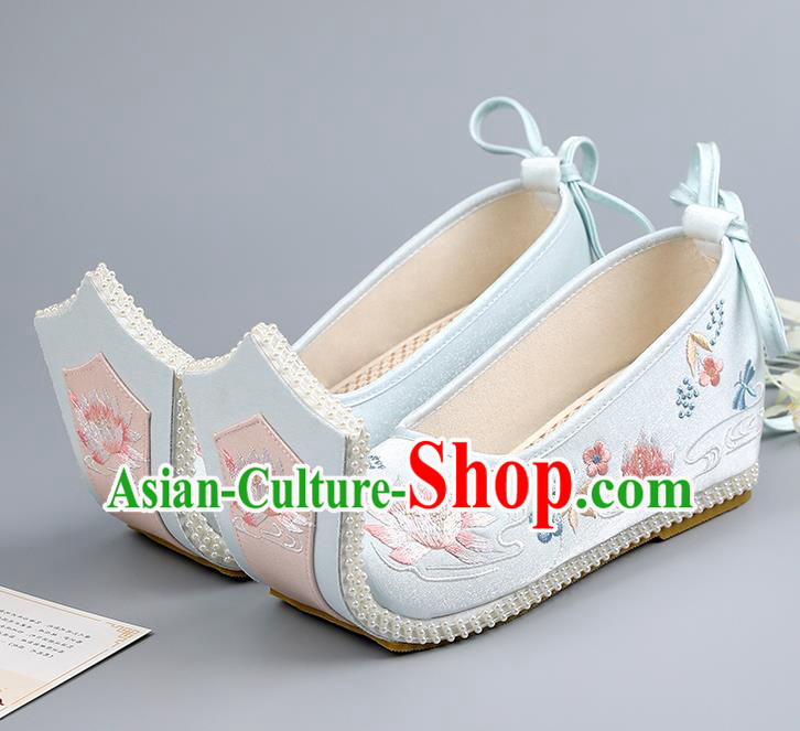 China Princess Shoes Han Dynasty Blue Shoes Traditional Hanfu Shoes Cloth Shoes Embroidered Lotus Shoes