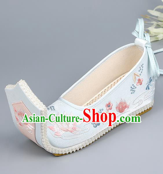 China Princess Shoes Han Dynasty Blue Shoes Traditional Hanfu Shoes Cloth Shoes Embroidered Lotus Shoes