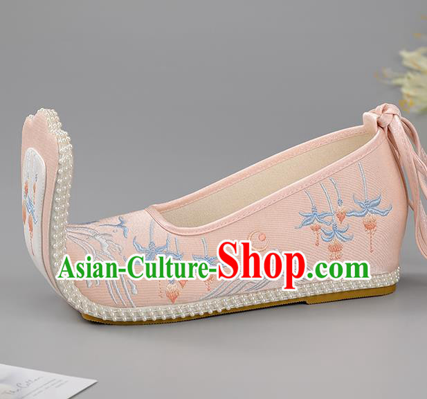 China Pink Cloth Shoes Han Dynasty Shoes Traditional Hanfu Shoes Princess Shoes Embroidered Lotus Shoes