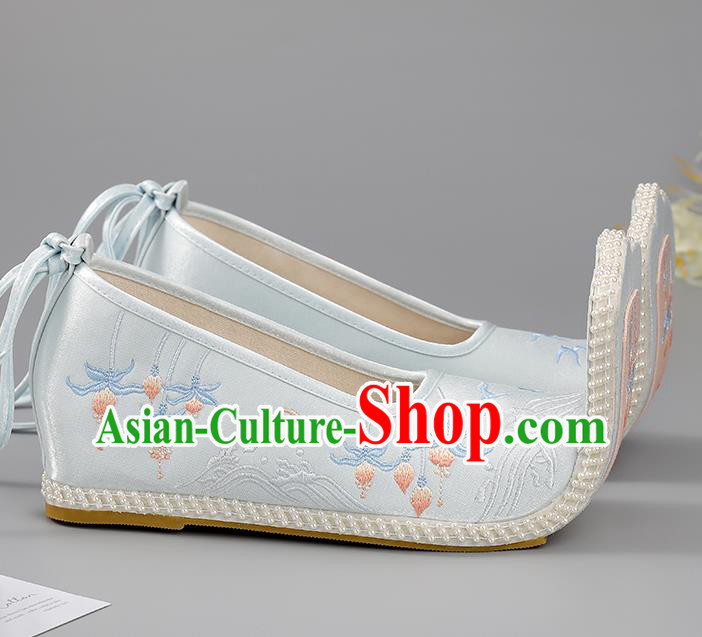 China Light Blue Embroidered Lotus Shoes Cloth Shoes Han Dynasty Shoes Traditional Hanfu Shoes Princess Shoes
