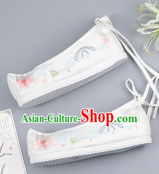 China Embroidered Lotus Shoes Han Dynasty Shoes Traditional Hanfu Shoes Princess Shoes White Cloth Shoes